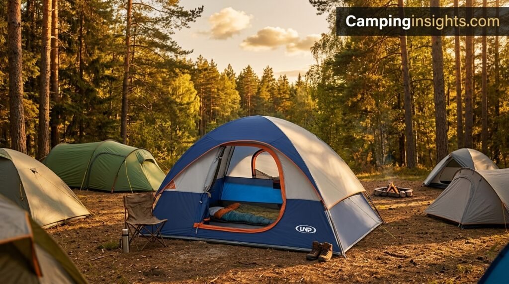 Best camping tents set up in a forest clearing at golden hour