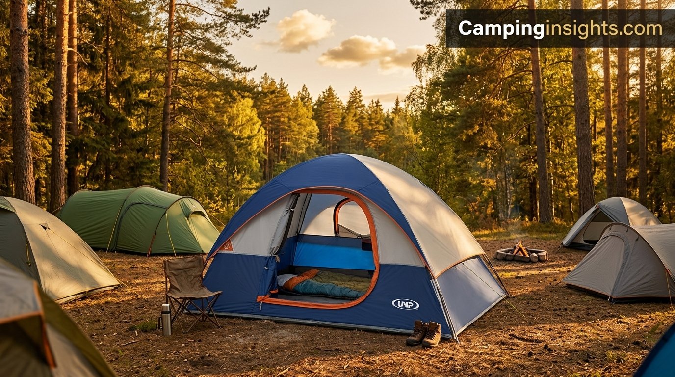 Camping tent by unp Store pitched near a mountain lake
