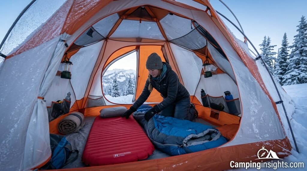 Camper arranging a sleeping pad and insulated bedding inside a winter tent
