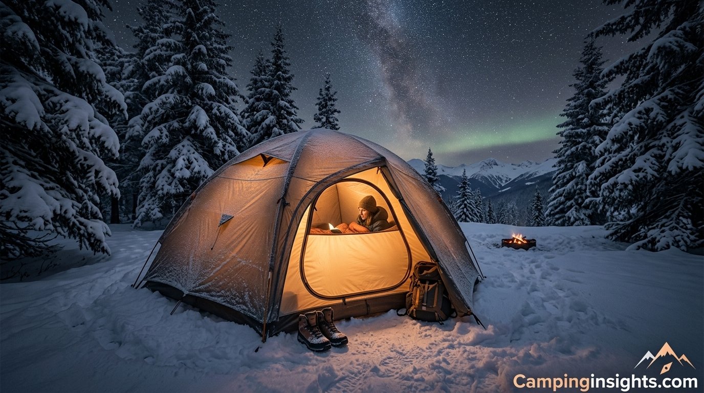 Camper zipped into a warm insulated tent glowing softly at night in a cold-weather campsite