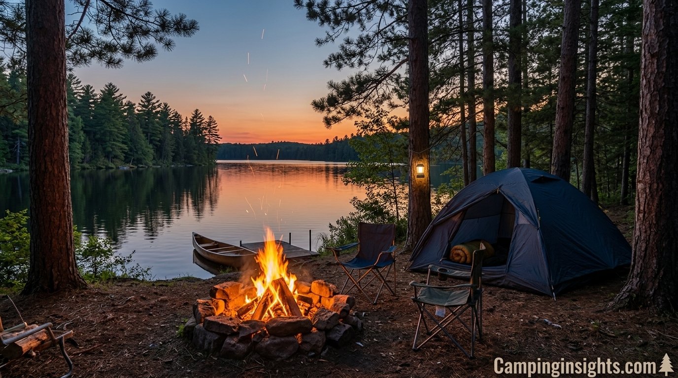 Campfire burning at a scenic lakeside campsite surrounded by pine trees