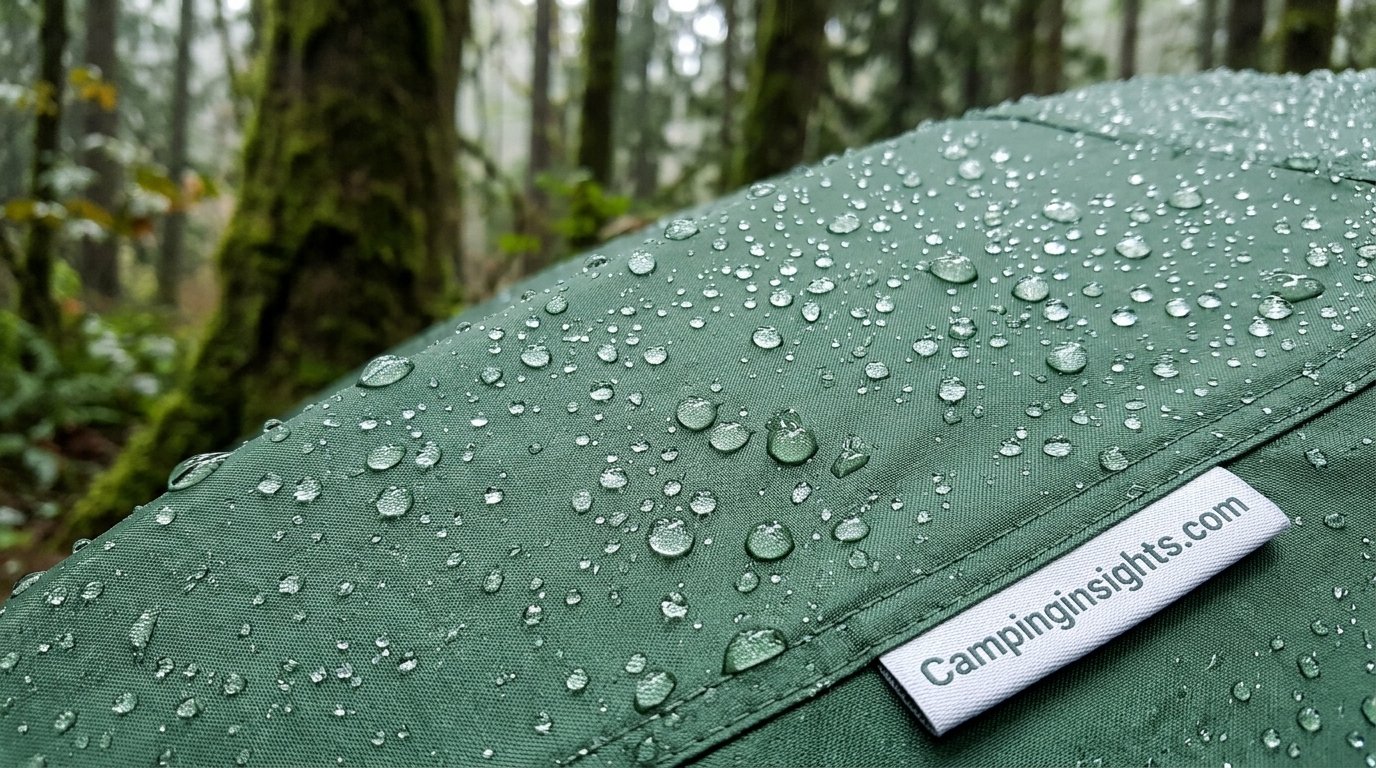 Raindrops beading on waterproof tent rainfly