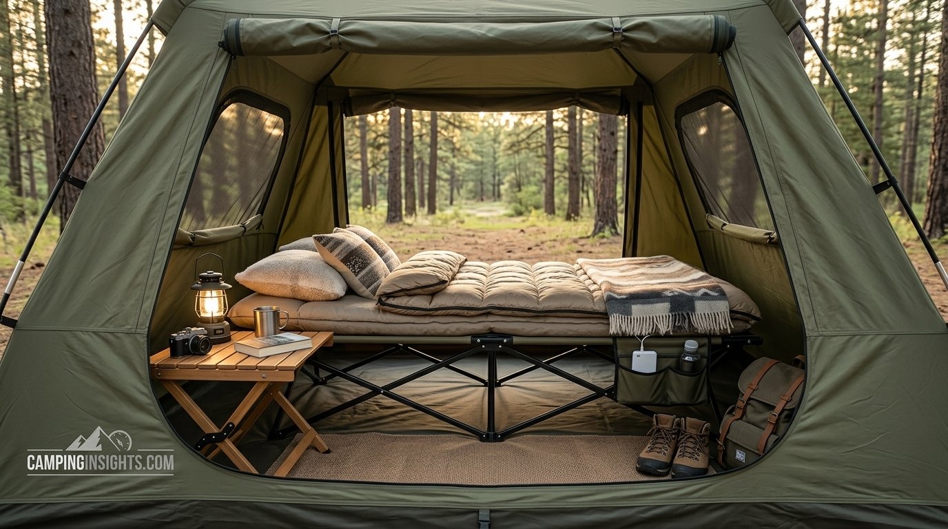 Comfortable camping cot setup in outdoor tent environment