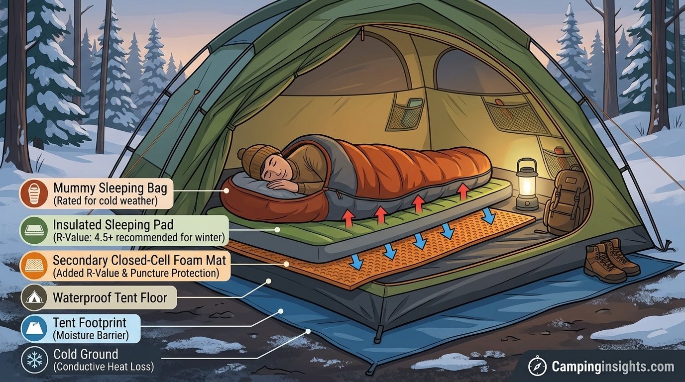 Cutaway illustration showing insulation layers between a camper and the cold ground inside a tent