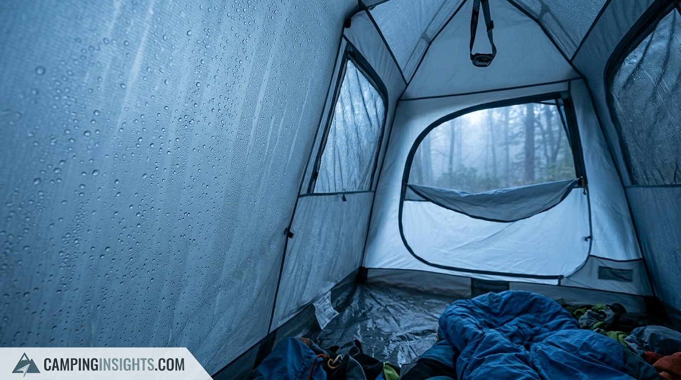 Damp tent interior with condensation on the fabric walls at dawn