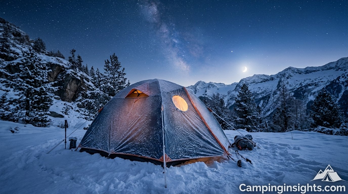 Frost-covered tent glowing from the inside during a winter camping night