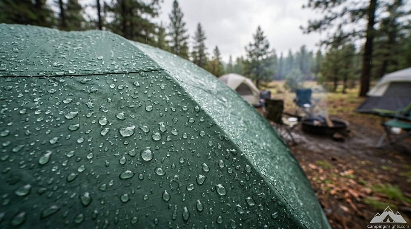 Tent pitched in the rain in a forest clearing