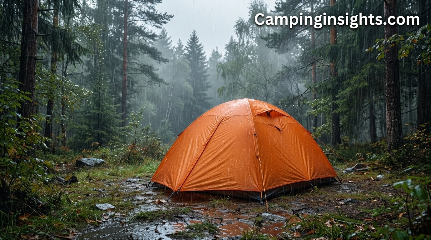 Waterproof tent pitched in the rain in a forest clearing