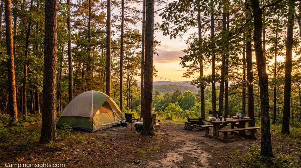 A campsite at golden hour with a tent set up among trees and a picnic area