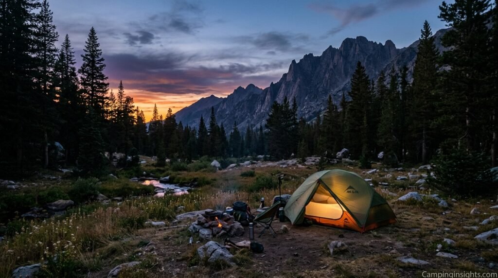 A lone tent pitched in a remote wilderness clearing in the United States at dusk