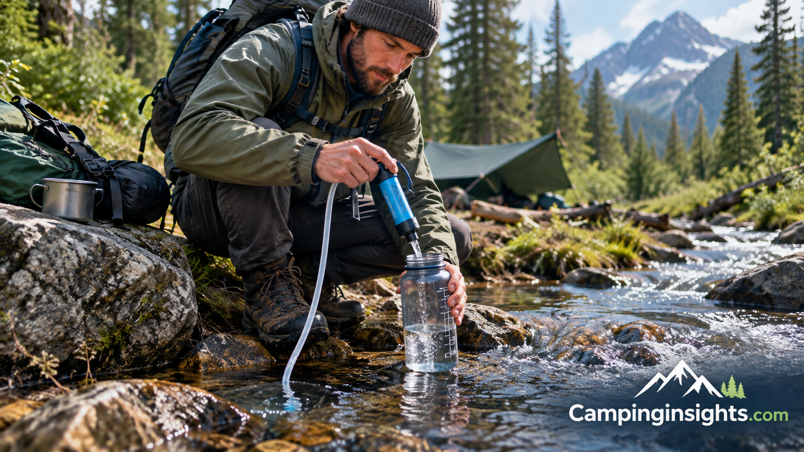 Backpacker filtering water from a stream during a primitive camping trip