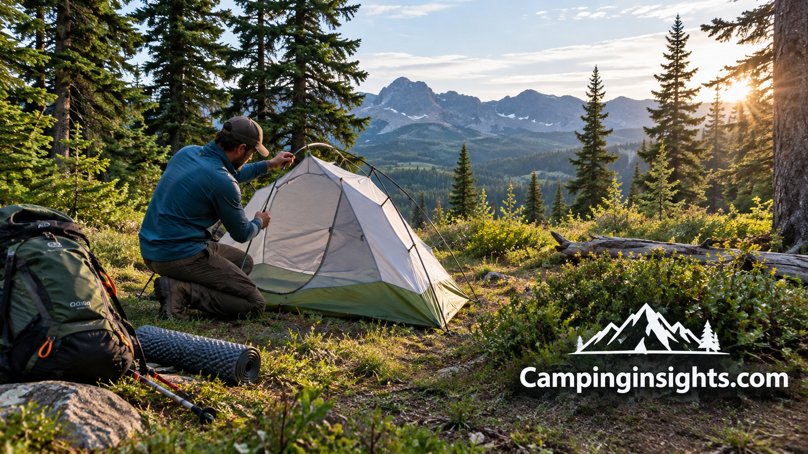 Backpacker setting up a tent off-trail in a national forest clearing