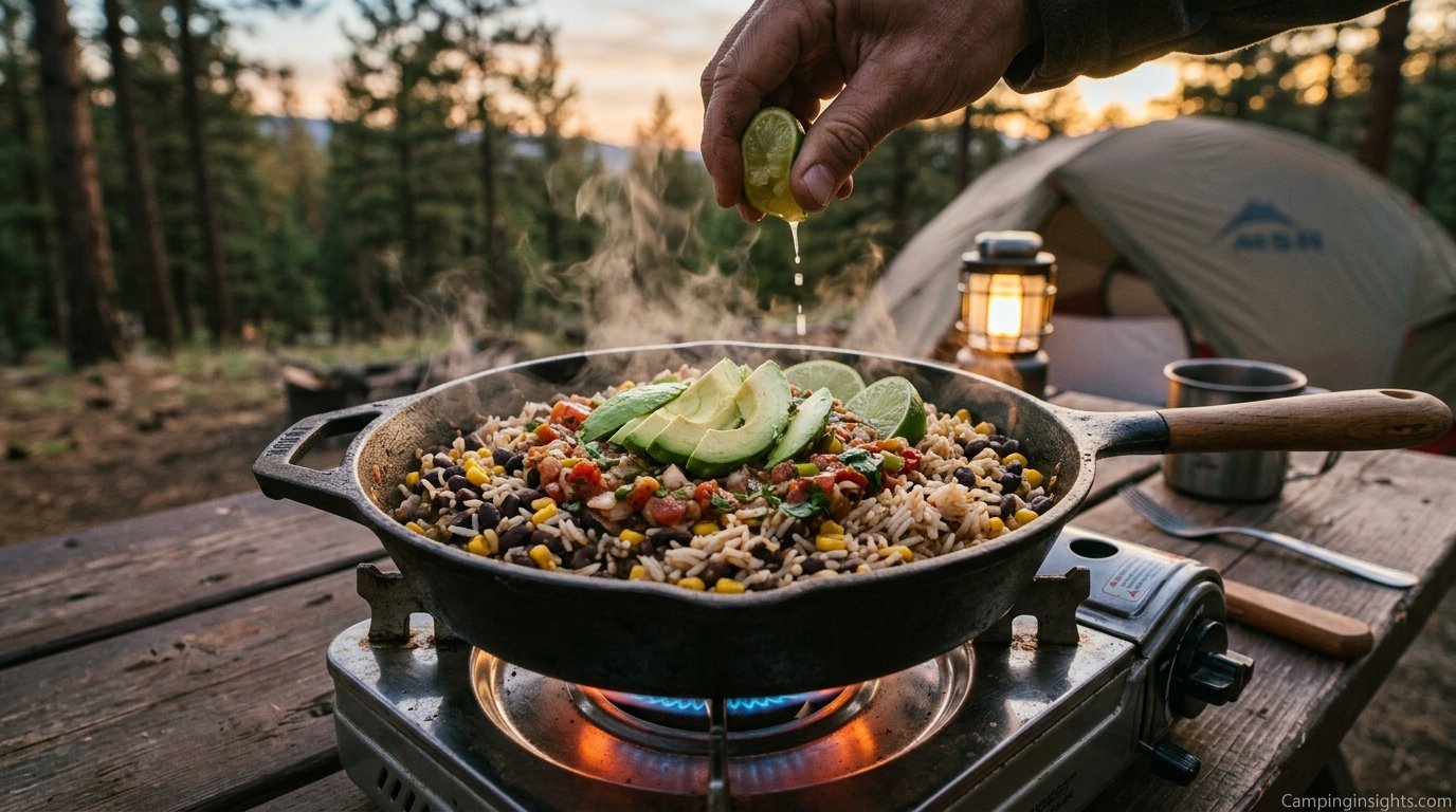 Black bean and rice skillet vegetarian camping food idea