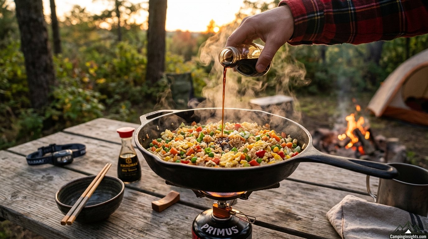 Camp skillet fried rice camping dinner idea