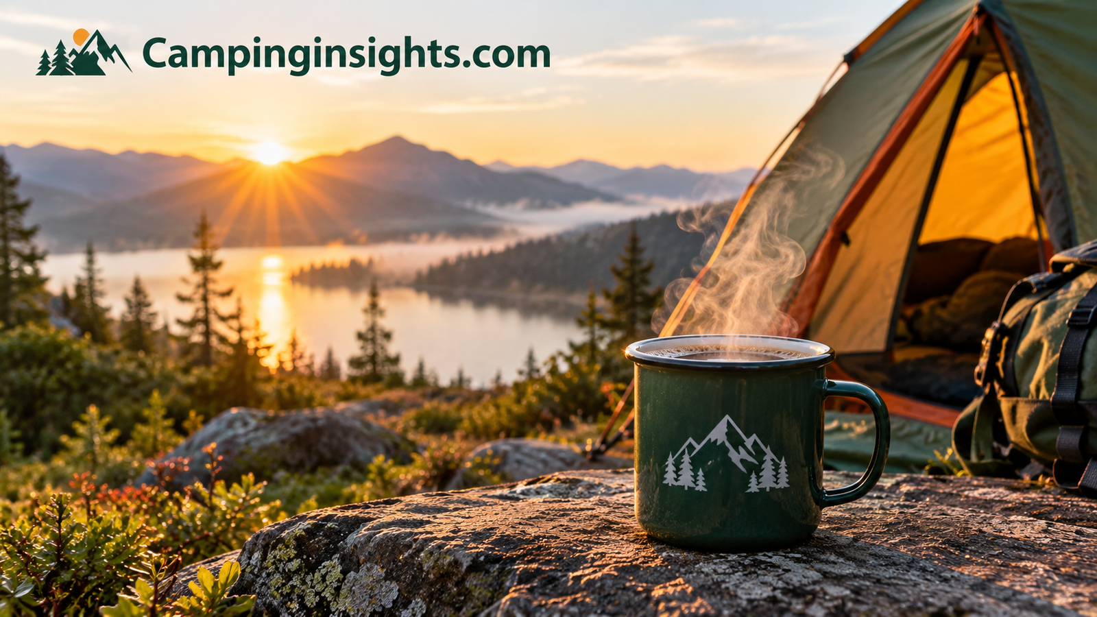 Camp mug of coffee steaming next to a tent in the early morning light