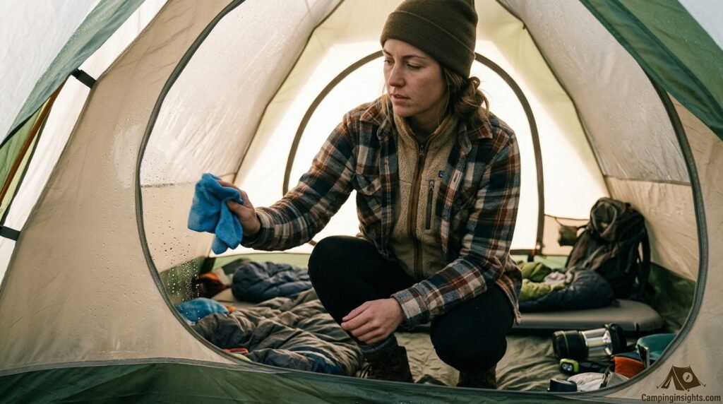 Camper wiping condensation off the interior tent wall in the morning