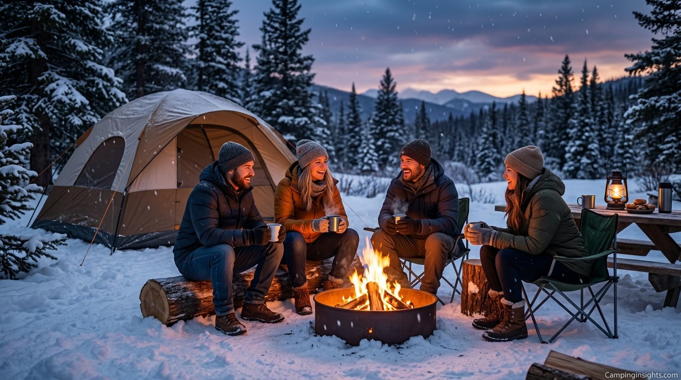 Campers staying warm by a fire at a winter campsite