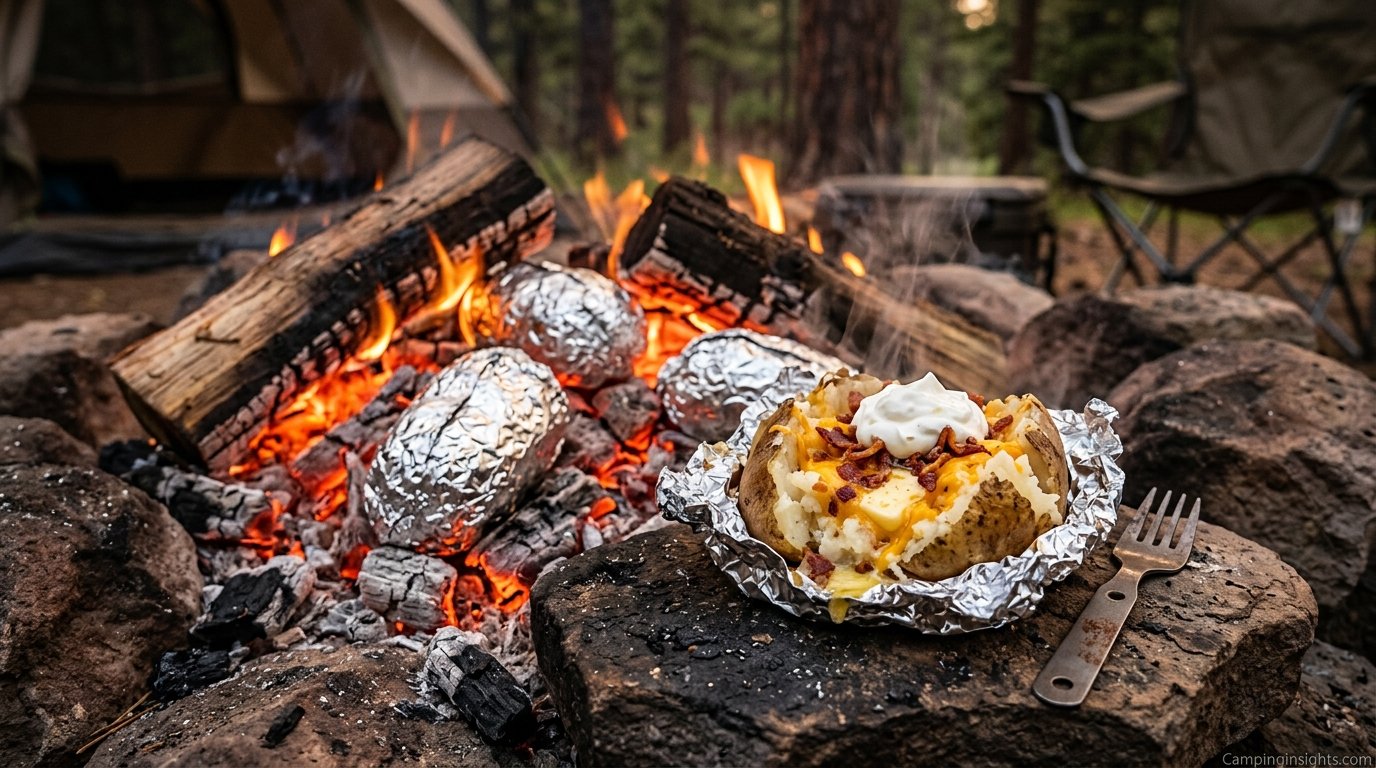 Campfire baked potatoes camping food idea