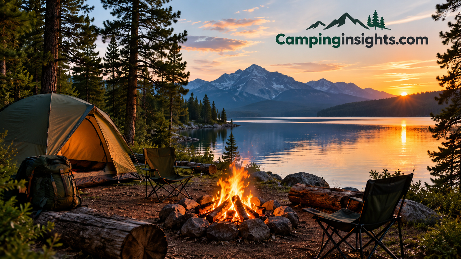 Campfire at a scenic lakeside campsite surrounded by pine trees
