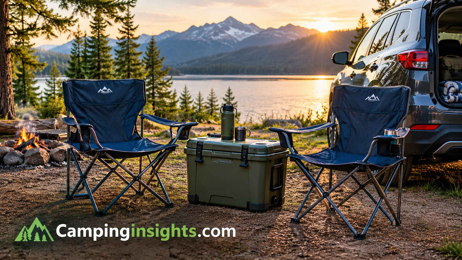 Camping chairs and a cooler set up next to a car at a campsite