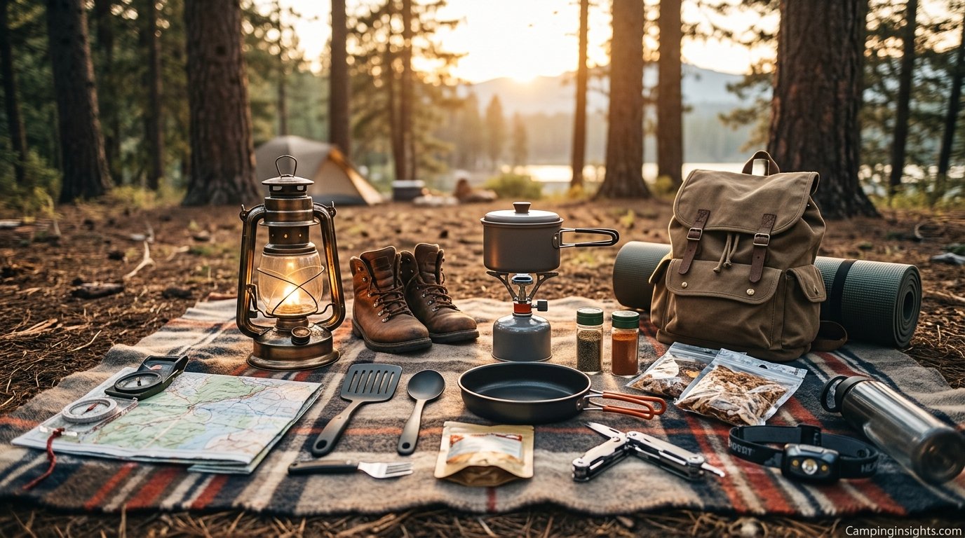 Camping gear laid out on a blanket including a lantern, boots, and cooking supplies