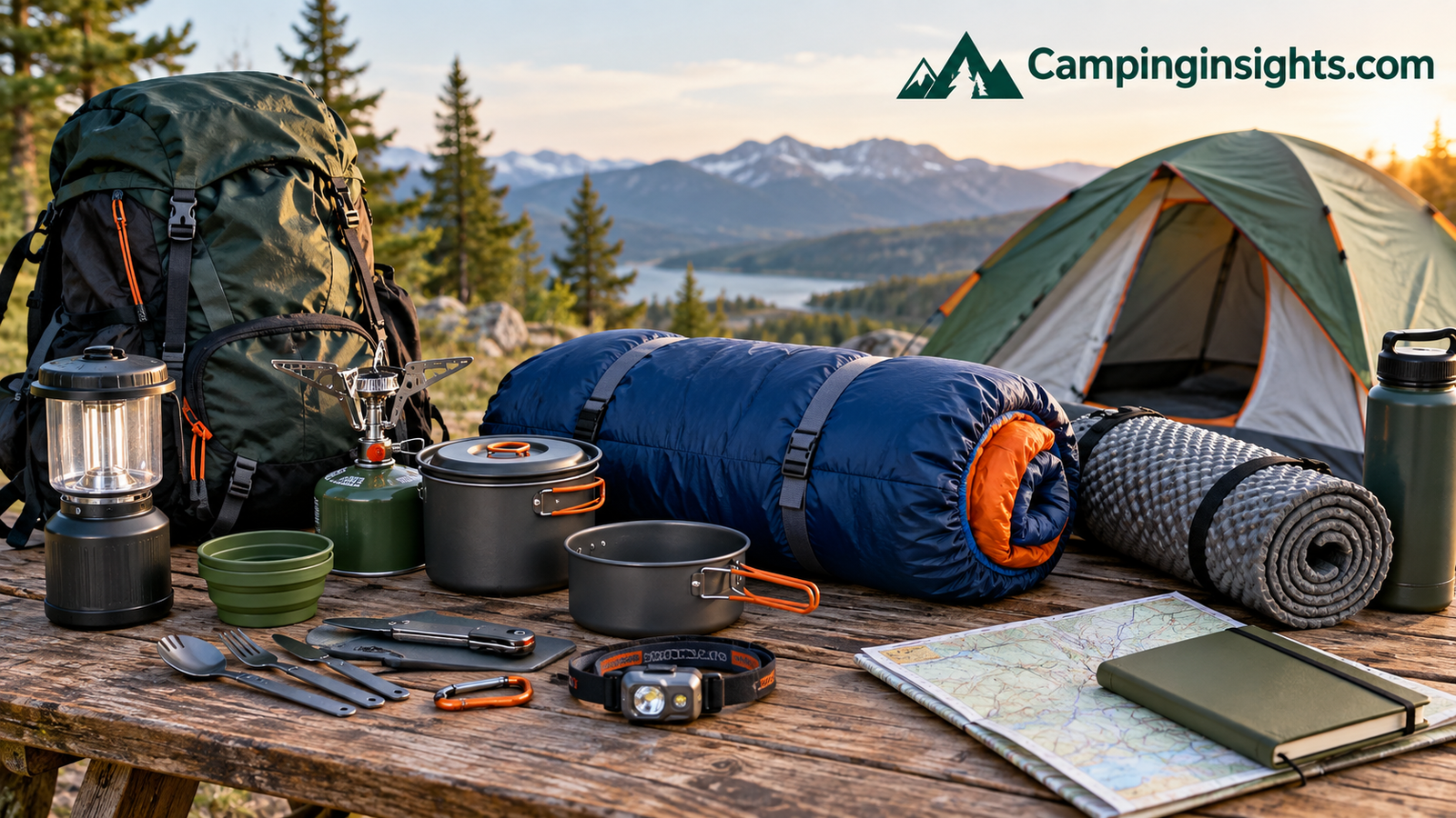Camping gear laid out on a table including tent, sleeping bag, and cooking equipment