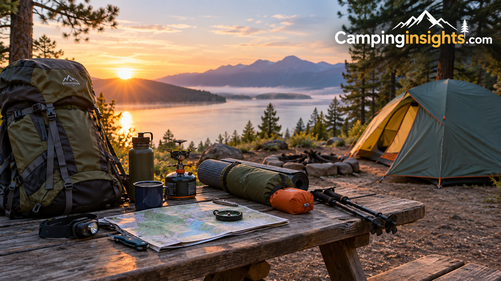 Campsite at dawn with a tent, backpack, and gear laid out on a picnic table