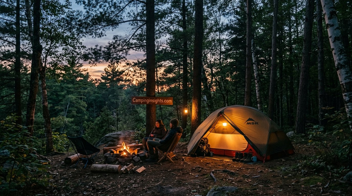 Campsite at dusk with warm light from a tent among trees