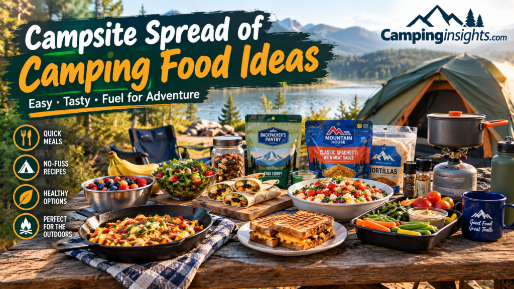 Campsite spread of camping food ideas laid out on a picnic table near a tent