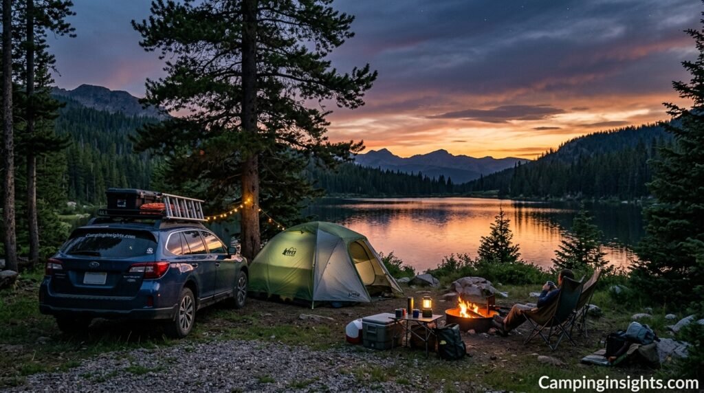 Car parked beside a tent at a scenic campsite at dusk