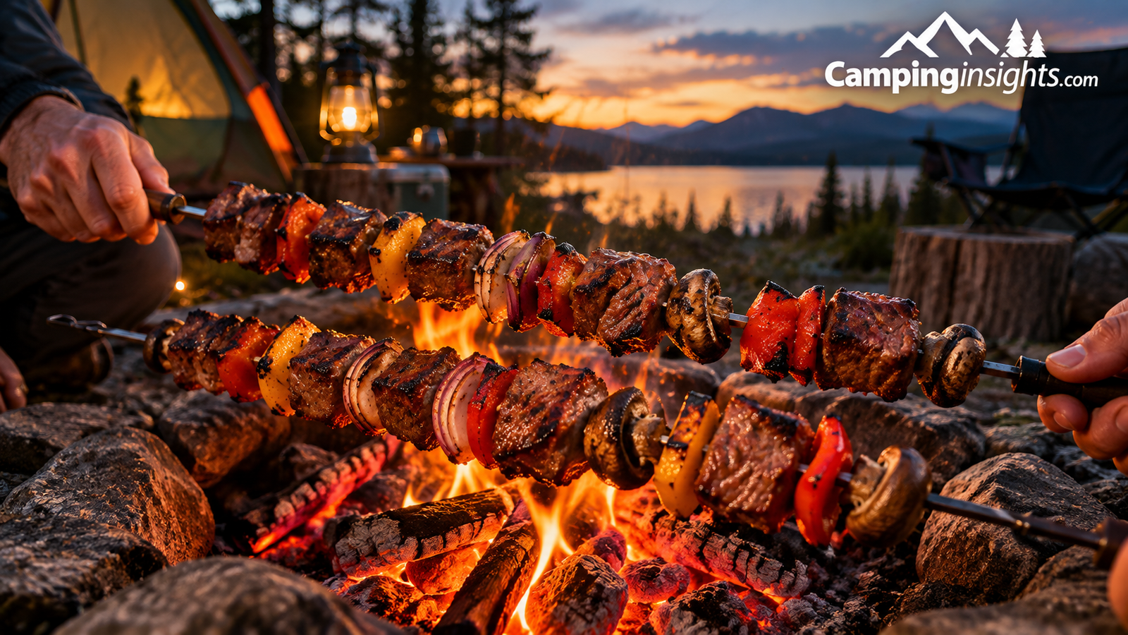 Campfire kebab skewer camping food idea