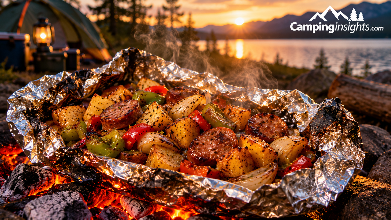 Foil packet sausage and vegetables camping dinner idea