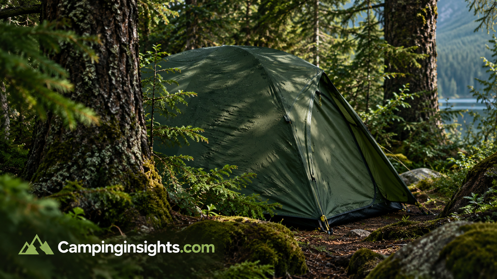 Close-up of a dark green backpacking tent tucked between trees, blending into the surroundings