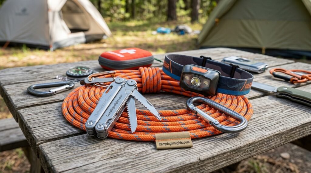 Close-up of organized camping gear including a headlamp, multitool, and rope