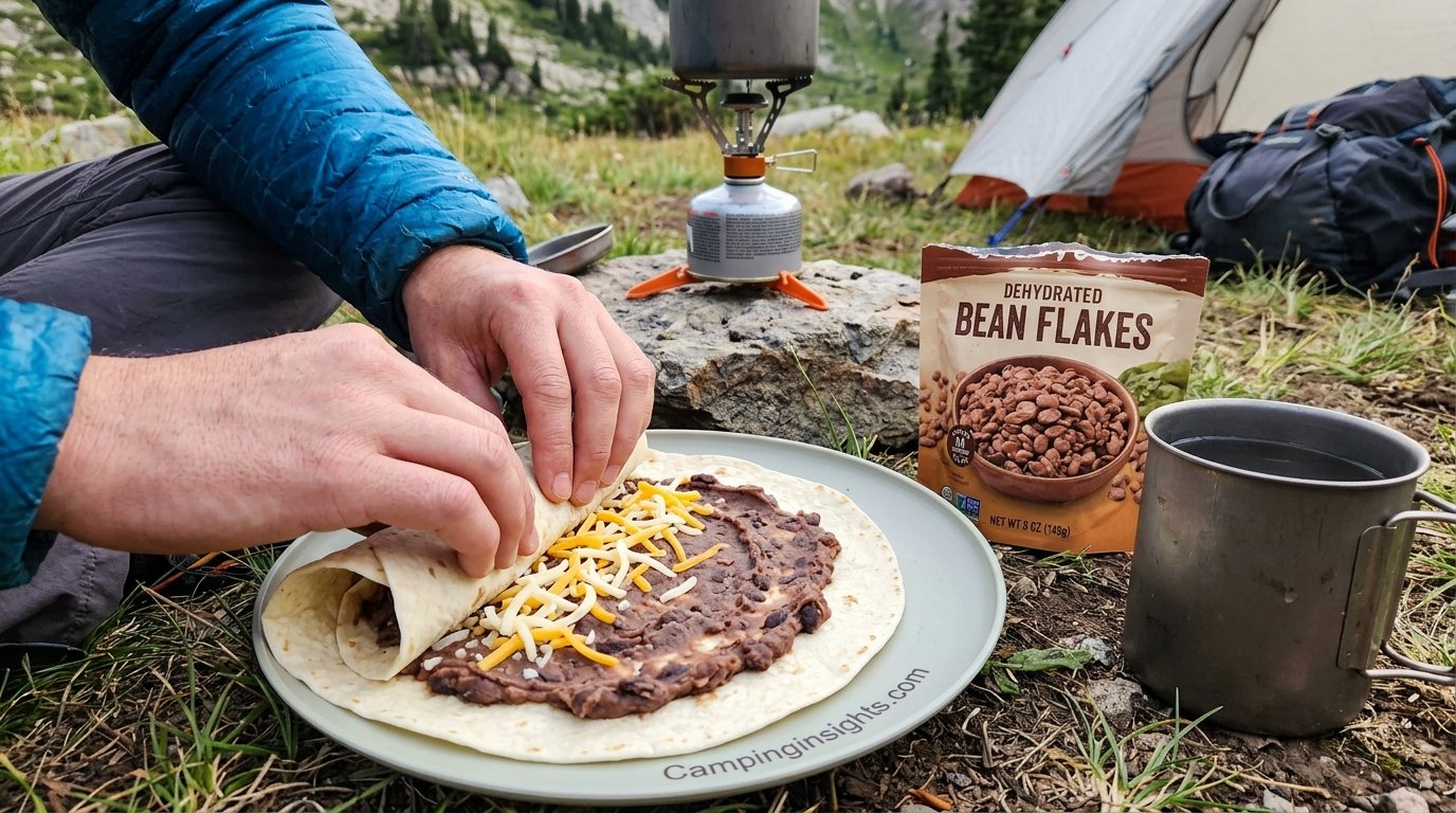 Dehydrated refried bean and cheese burrito backpacking food idea