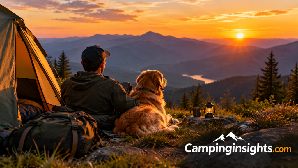 Dog and owner relaxing outside a tent at sunset in the mountains
