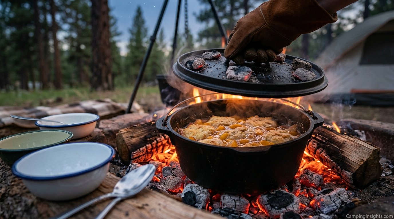 Dutch oven peach cobbler camping dessert idea