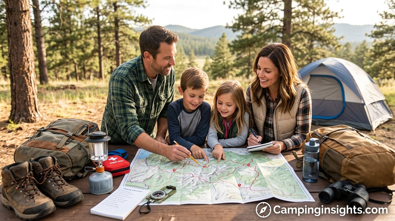Family planning a camping trip with a map and gear spread out near a tent