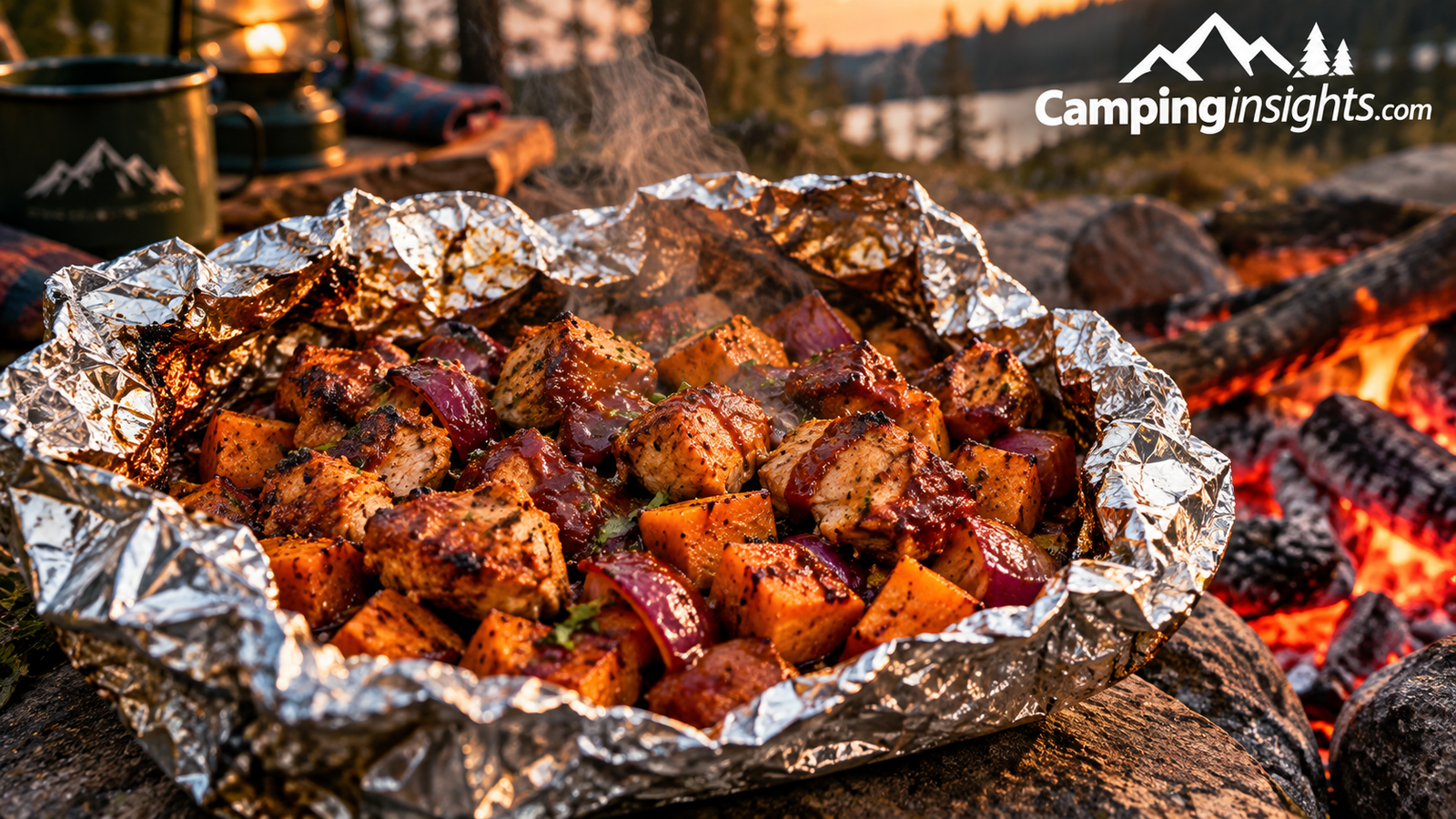 Foil packet BBQ chicken and sweet potato camping dinner idea