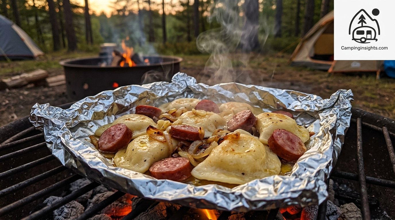 Foil packet pierogies and kielbasa camping dinner idea