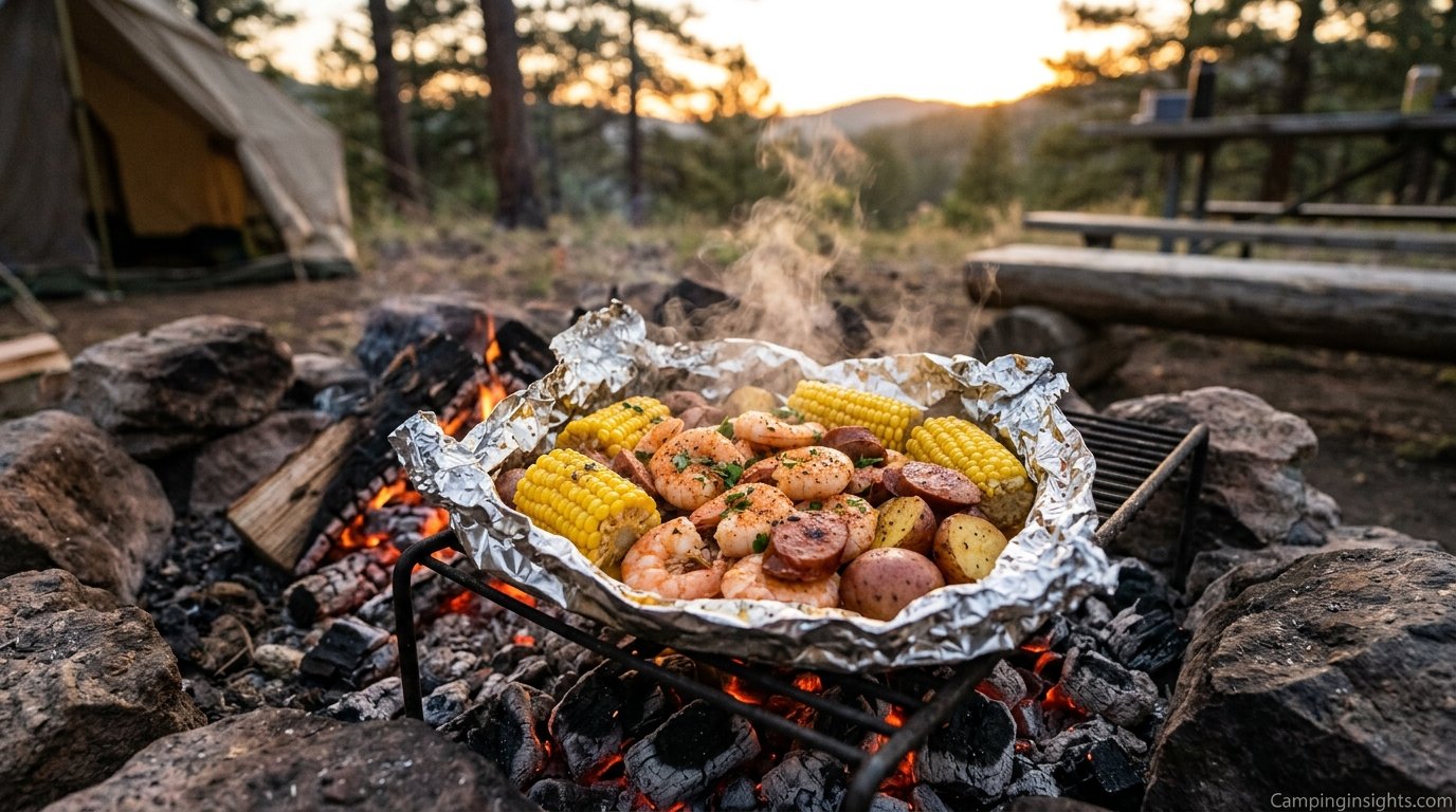 Foil packet shrimp boil camping dinner idea