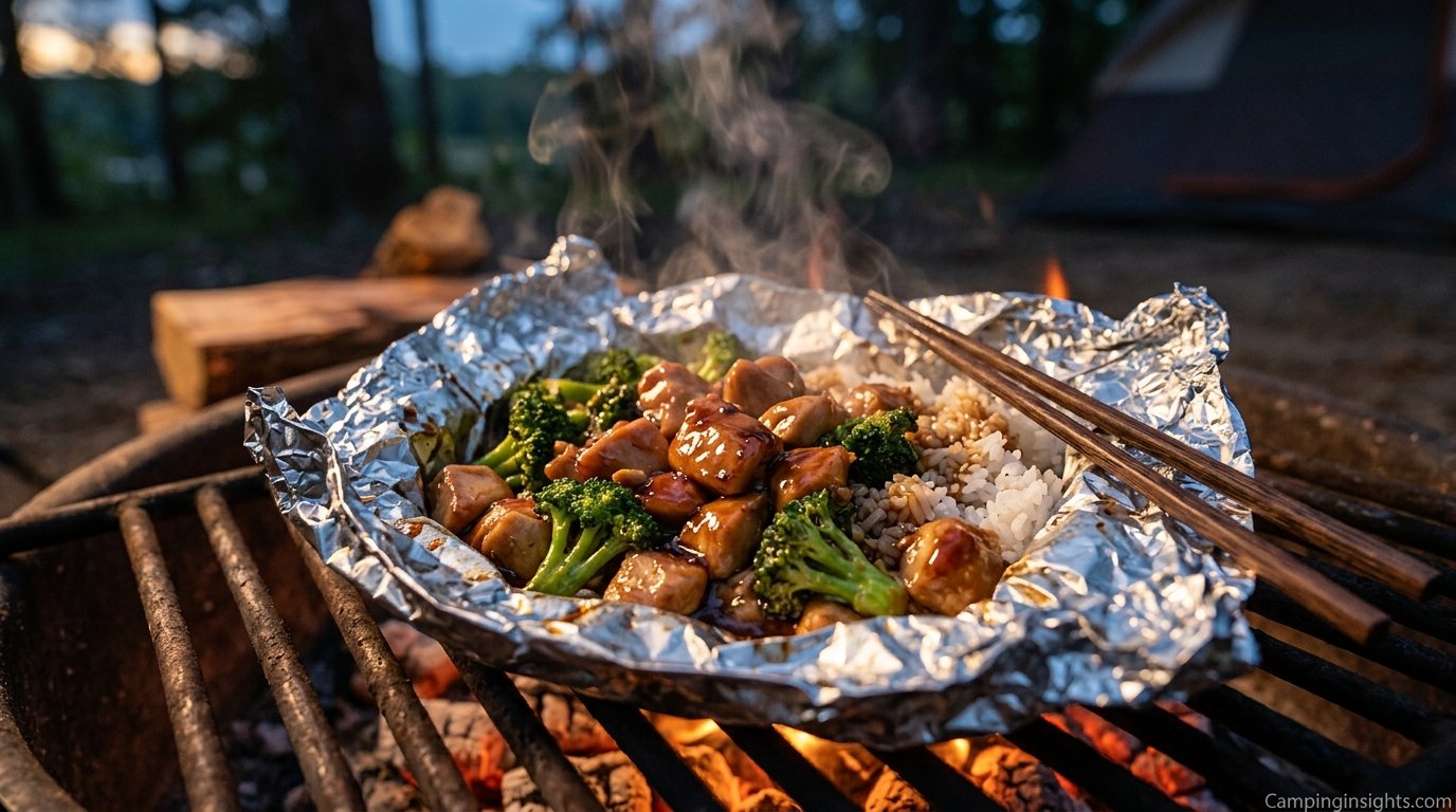 Foil packet teriyaki chicken and rice camping dinner idea