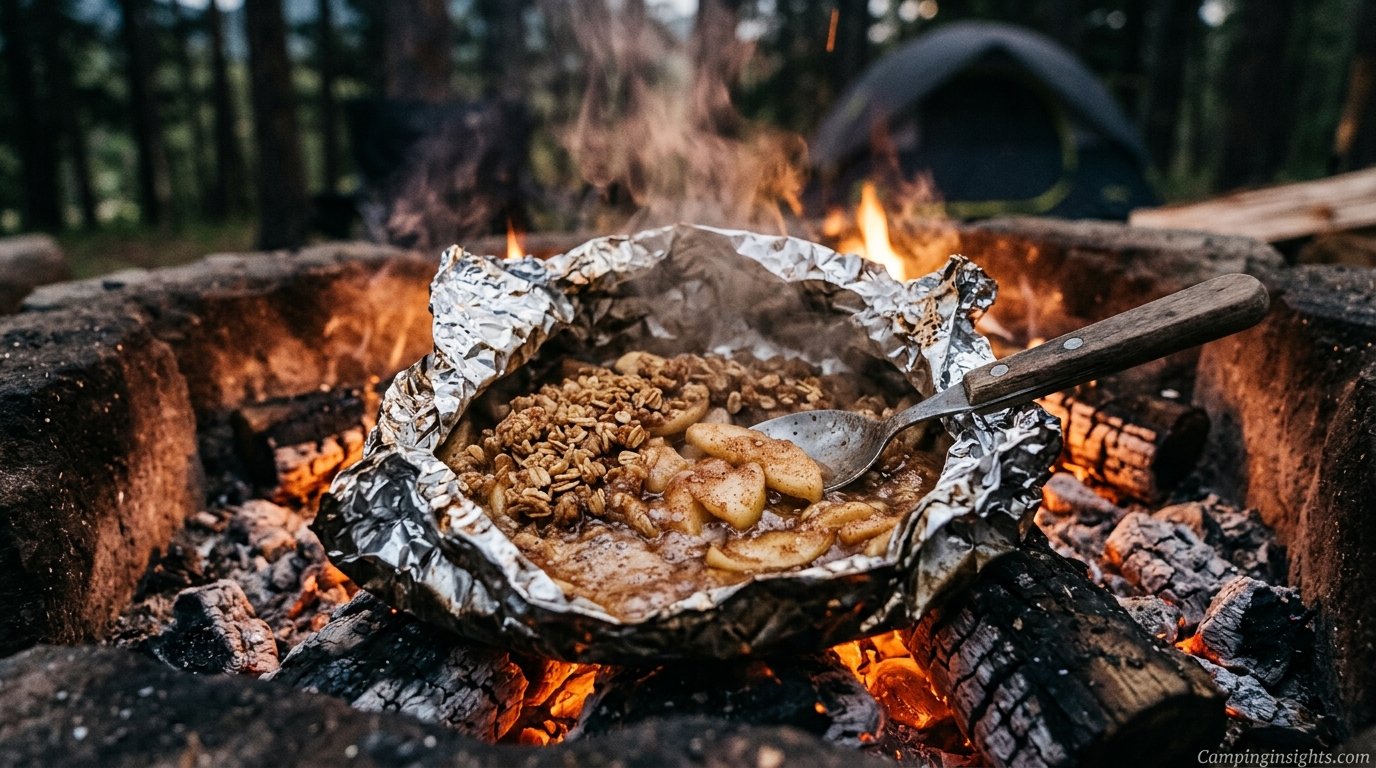 Foil packet apple crisp camping dessert idea