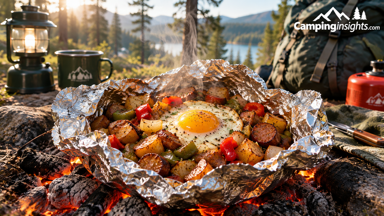 Foil packet breakfast hash idea with potatoes, sausage, and egg