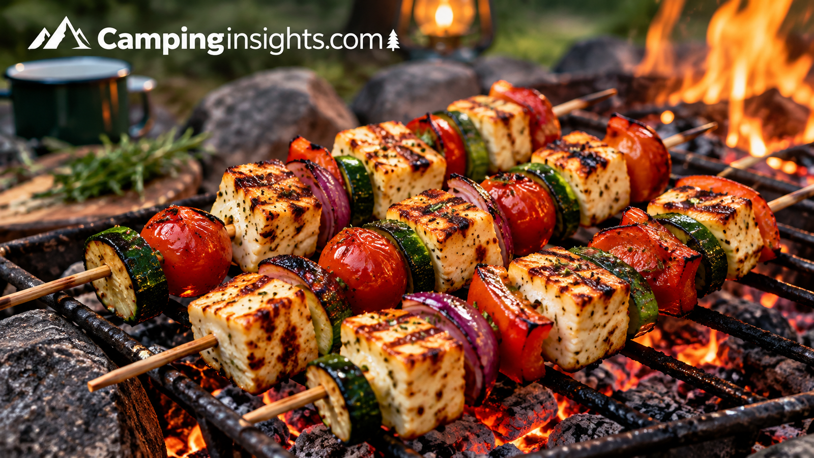 Grilled halloumi skewers vegetarian camping food idea