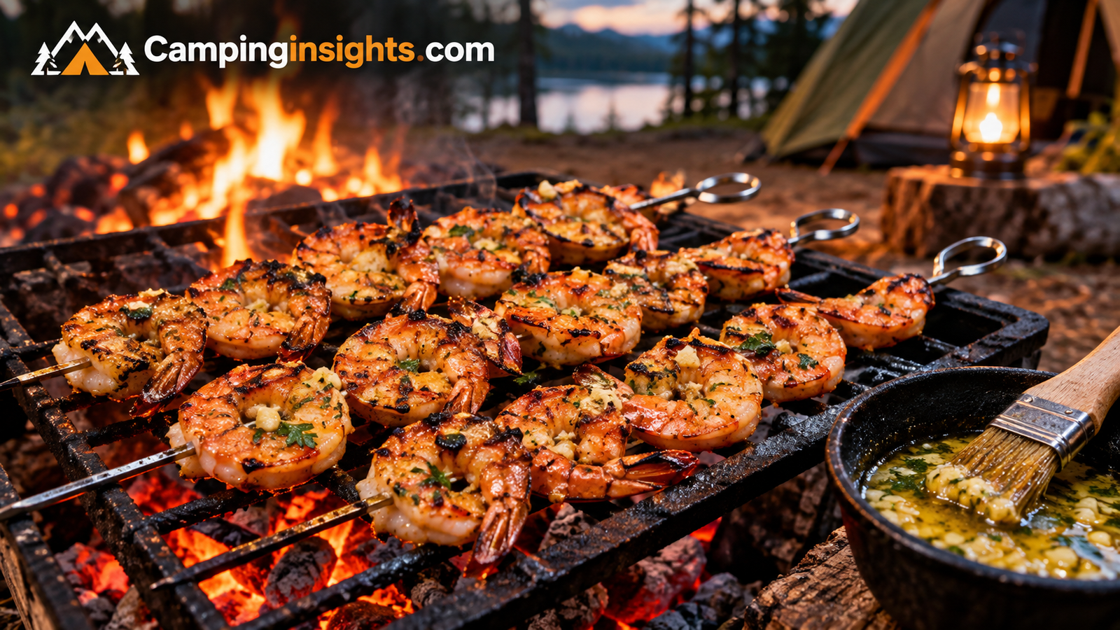 Grilled shrimp skewers with garlic butter camping food idea