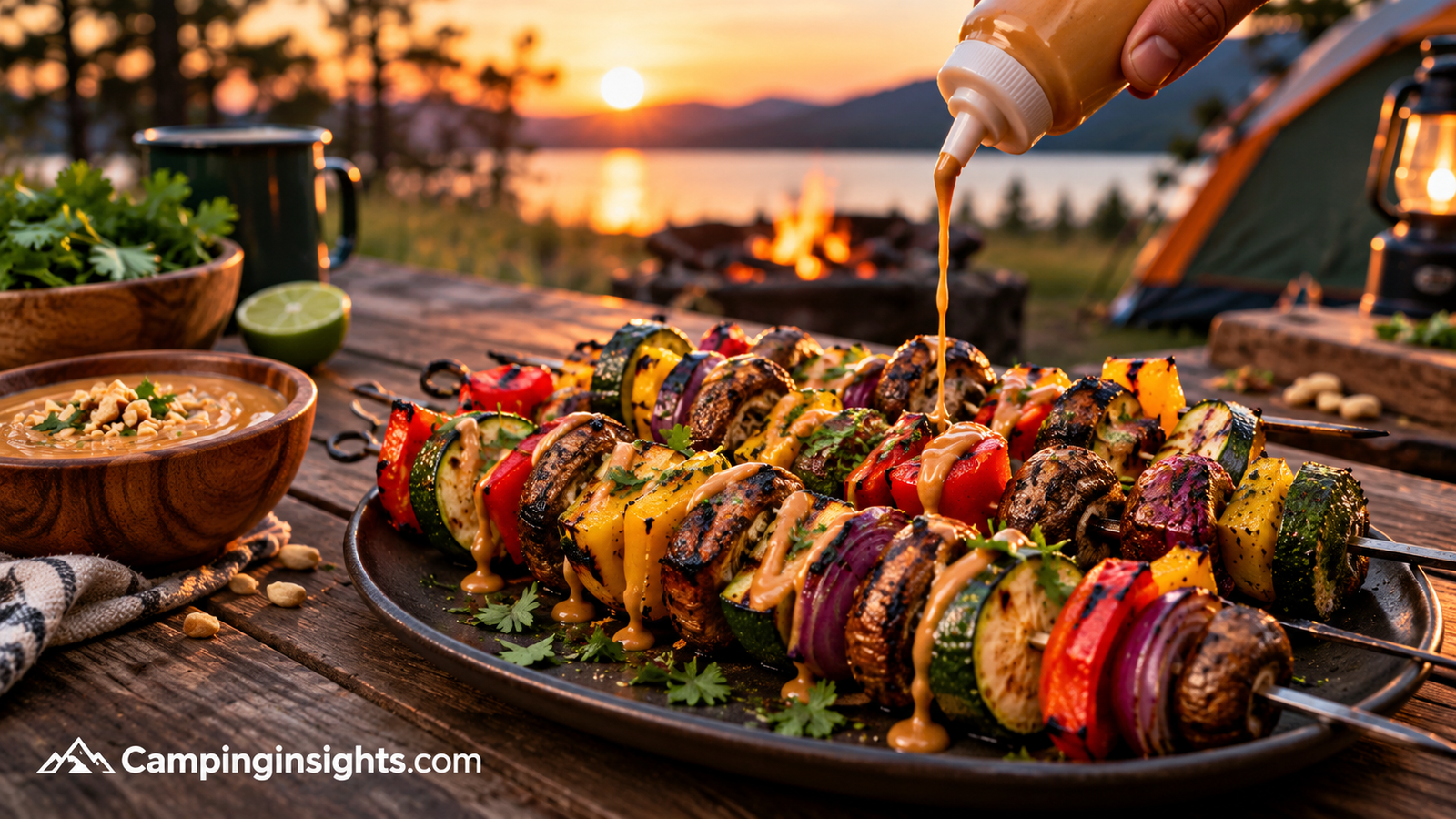 Grilled vegetable skewers with peanut sauce vegan camping food idea