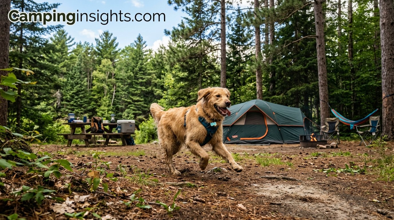 Happy dog running through a campsite in a forest clearing with a tent in the background