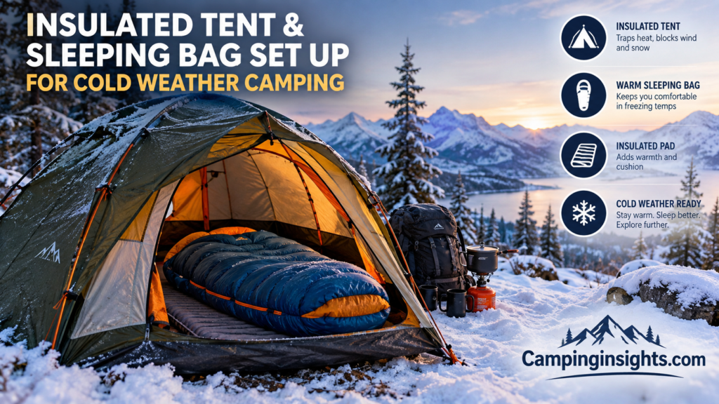 Insulated tent and sleeping bag set up for cold weather camping