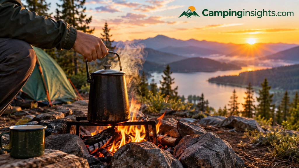 Making coffee at a campsite over a fire at sunrise